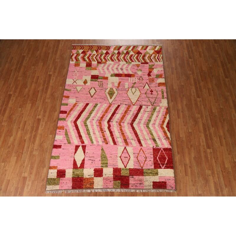 Hand Knotted Oriental 100% Wool Carpet Modern Tribal Pink Moroccan Area Rug - 9' 10'' X 6' 5''