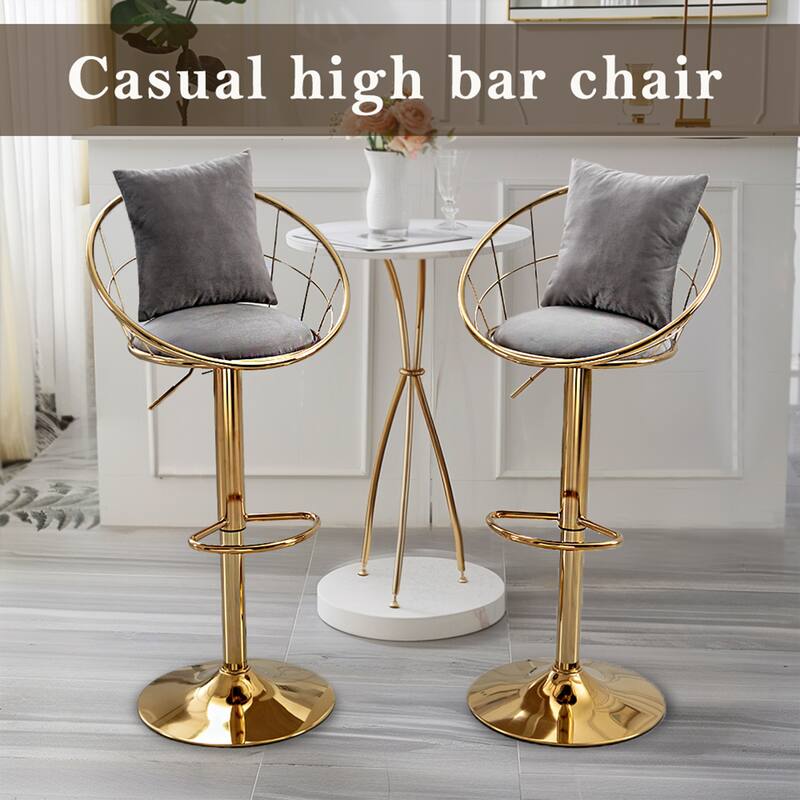 Set of 2 Velvet Bar Chair with Gold Plated Adjustable Height and 360 Degree Rotation - Grey