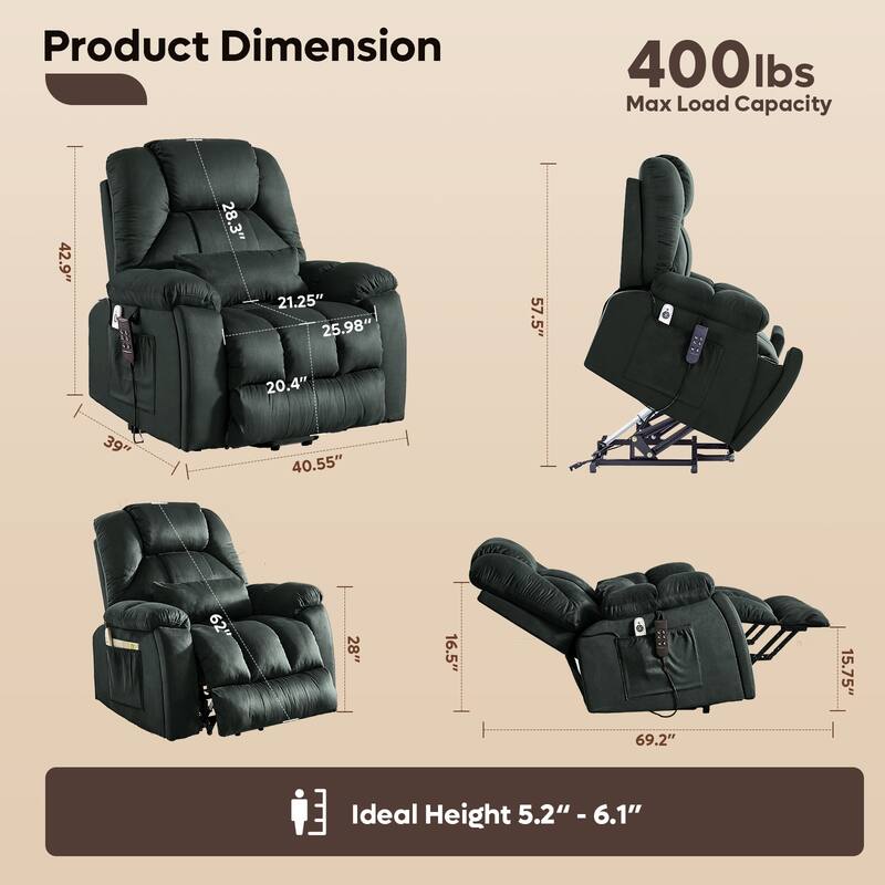 Bestier 40.1" W Microsuede Oversize Dual Motor Power Lift Recliner Chair With Massage and Heating