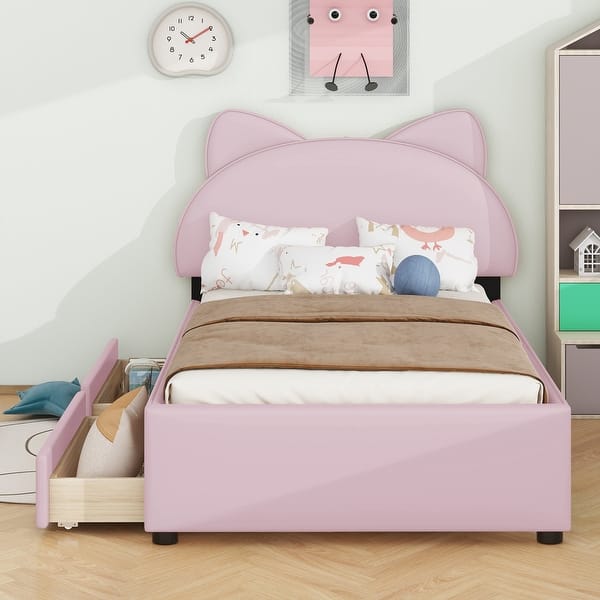 slide 2 of 18, Twin Size Platform Bed with Cartoon Ears Shaped Headboard and 2 Drawers Pink