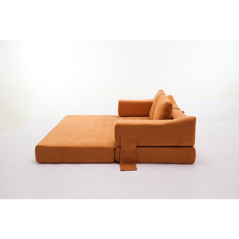 Modern Minimalist Orange Chenille Fold-Out Sofa Bed, Convertible Chair Floor Couch