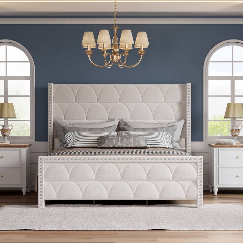 Hansabenne King Size Upholstered Platform Bed Frame Velvet Wood Bed Frame with Headboard