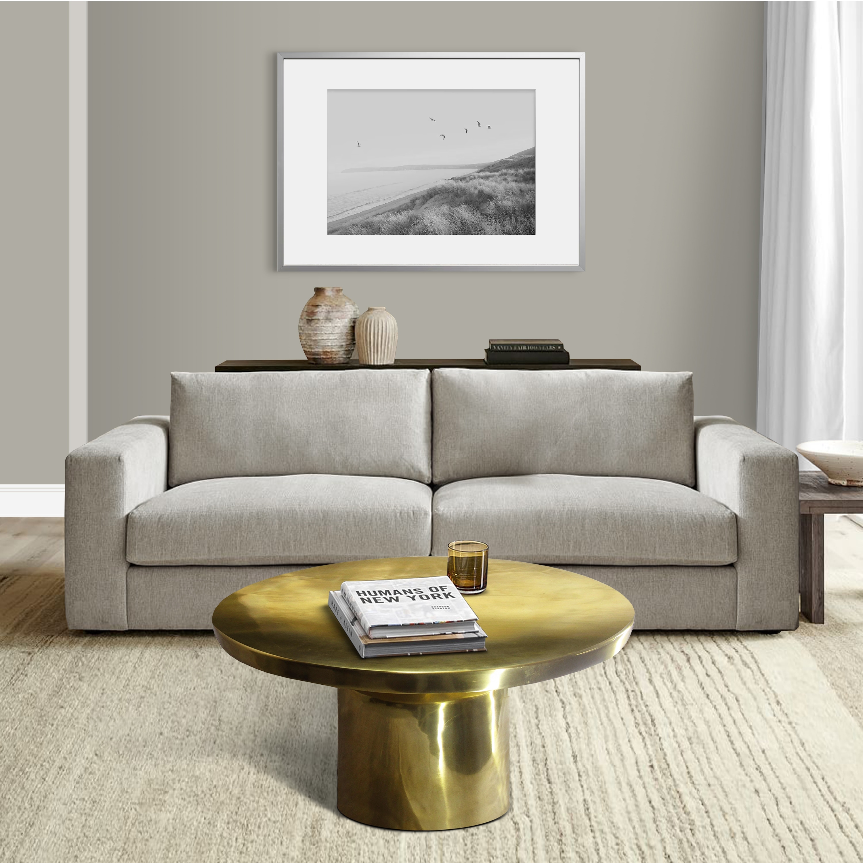 The Urban Port Zoe 30 Inch Modern Classic Round Metal Coffee Table with Pedestal Base, Glossy Gold Brass