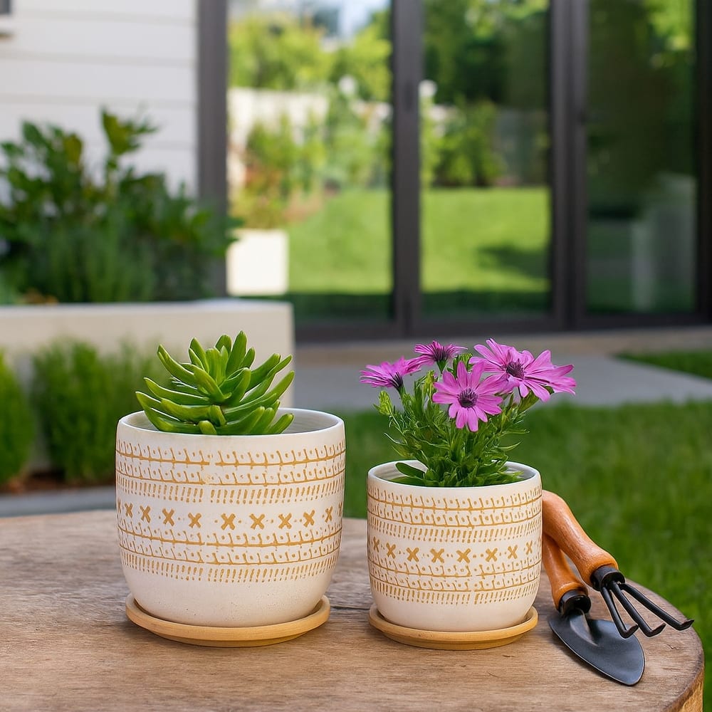 Decorative Round Ceramic Planter with Saucer - Set of 2