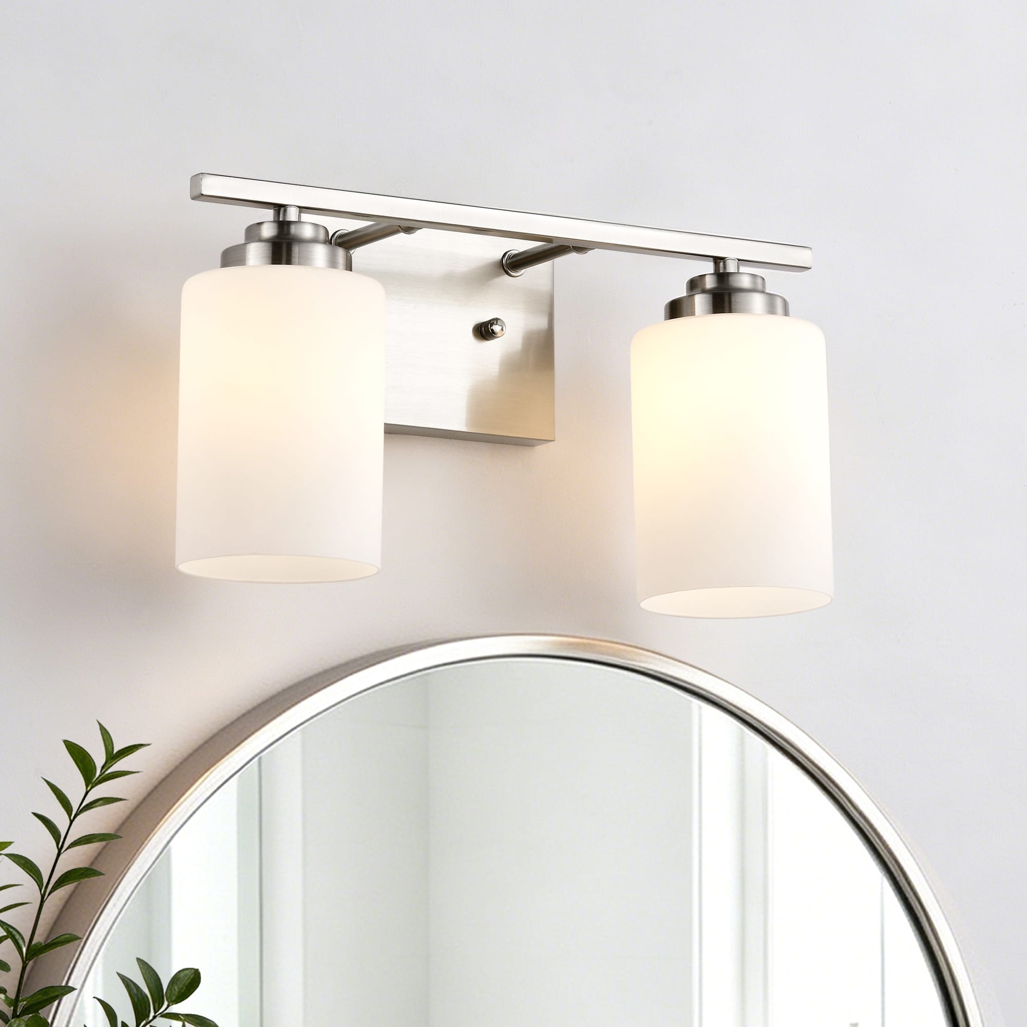 Brushed Nickel 2-Light Vanity Lights with White Etched Glass Shades
