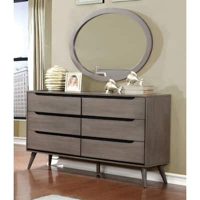 Fopp Mid-Century Modern Solid Wood 6-Drawer 2-Piece Dresser and Oval Mirror Set by Furniture of America