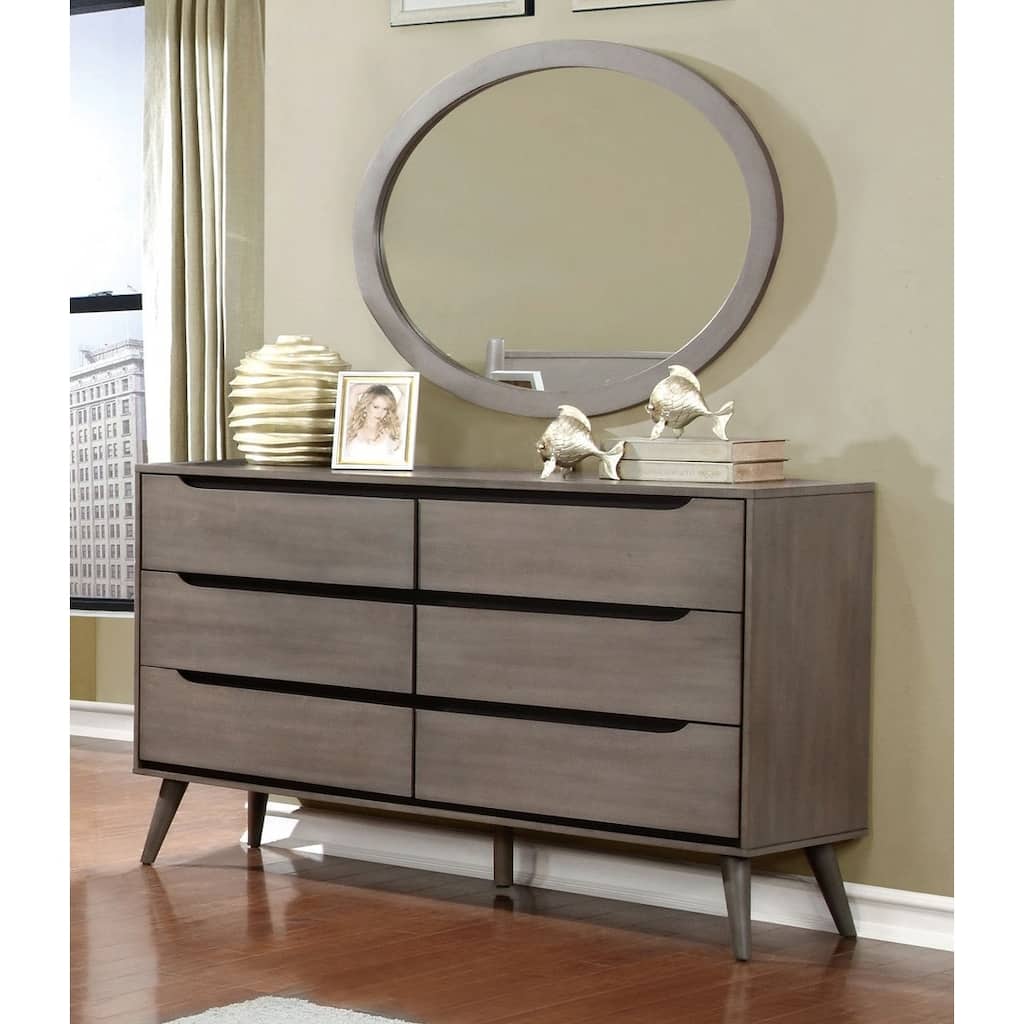 Fopp Mid-Century Modern Solid Wood 6-Drawer 2-Piece Dresser and Oval Mirror Set by Furniture of America