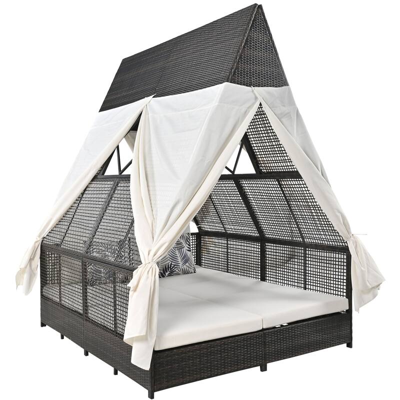Outdoor Patio Rattan Daybed Sunbed with Triangle Tent, Adjustable Backrest, and Curtains