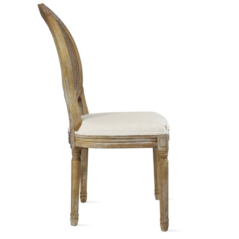 French Chic Vintage Dining Side Chair With Upholstered Linen Welted Fabric And Elegant Natural Rustic Wood Frame