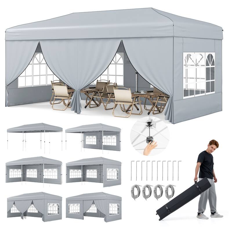 Gymax 10 X 20 FT Pop up Canopy Tent w/ 6 Sidewalls Wheeled Bag 6 - Grey