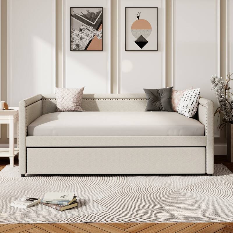 Traditional Linen Fabric Upholstered Twin Size Daybed with Trundle