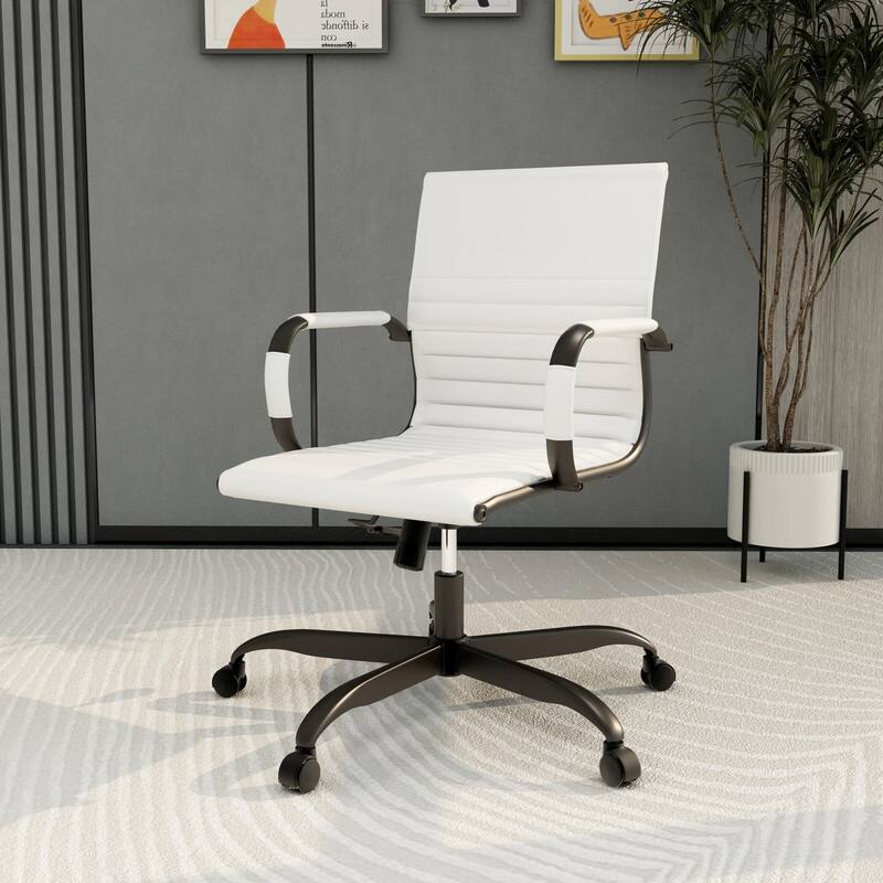 Harris Leather Mid-Back Adjustable Seat Height Office Desk Computer Swivel Chair in Black Metal Frame for Home Conference