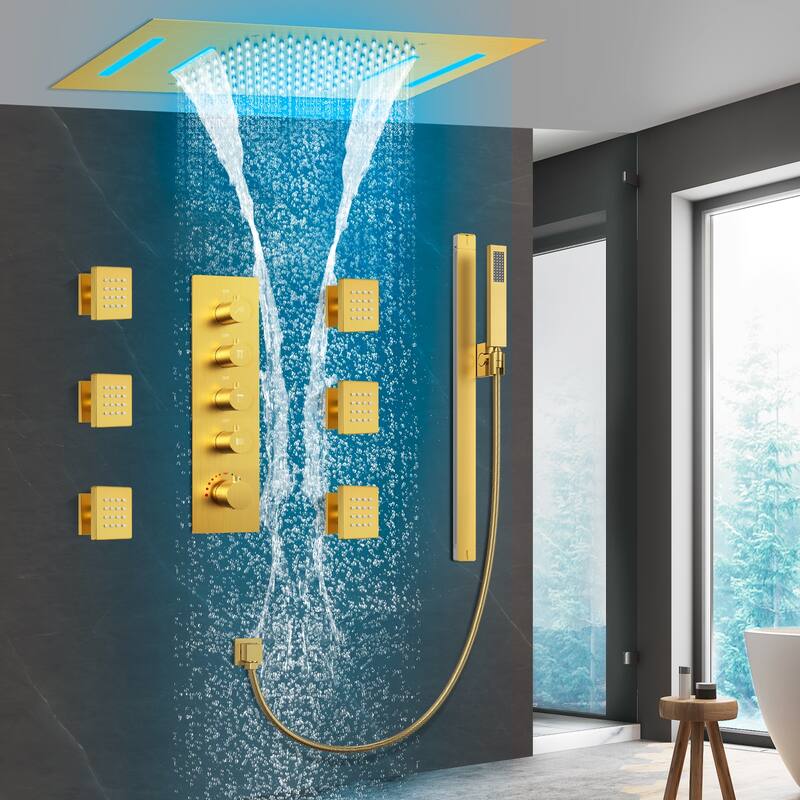 64 LED Thermostatic Shower Faucet 22"x15" Rainfall & Waterfall Shower System 5 Way Digital Display Valve w/ 6 Body Jets - Gold