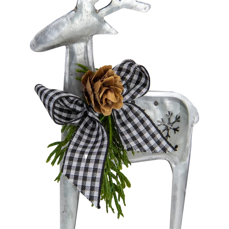 6.25" Silver Metal Reindeer Christmas Ornament with a Gingham Bowtie and Pine