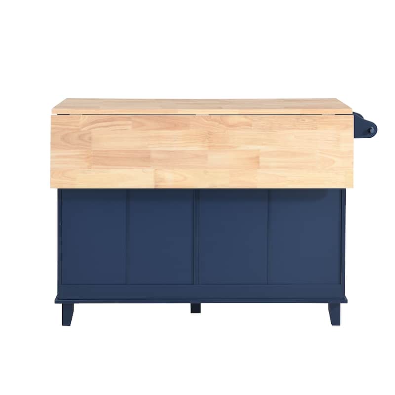 Rubber Wood Top Drop Leaf Kitchen Island Set with 2 Seatings, Closed Storage Breakfast Bar Set with Towel Rack and Drawers, Blue