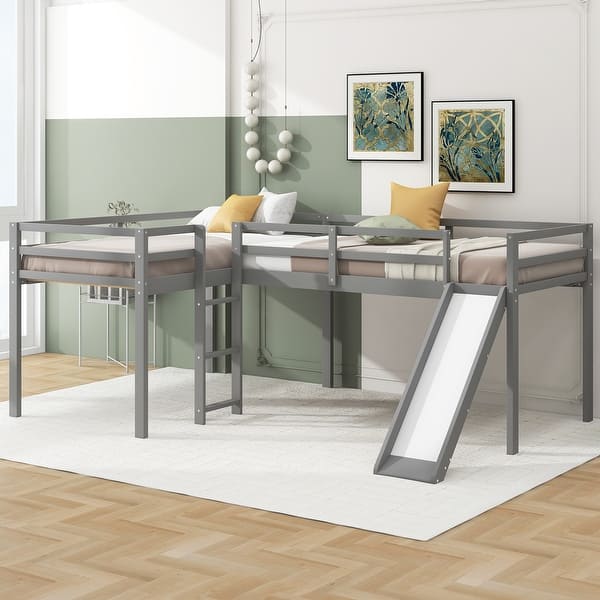 slide 2 of 27, Grey L-Shaped Twin Loft Bed with Slide, Ladder, and Under-Bed Space Grey