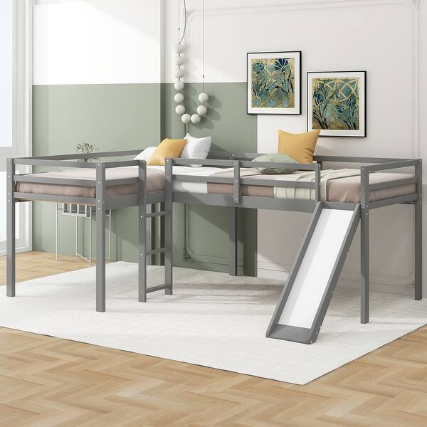 slide 2 of 14, L-Shaped Twin Size Pine Loft Kids Bed Frame with Ladder and Slide, Grey Grey