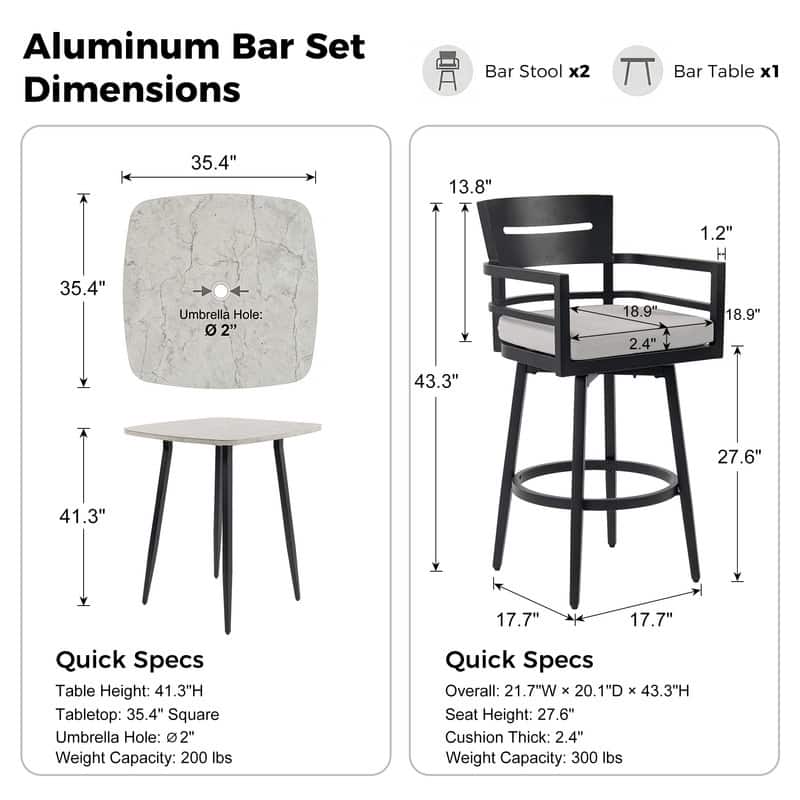 Outdoor Patio Bar Height Dining Set with Swivel Aluminum Bar Stool and Marble Patterned Dining table - N/A