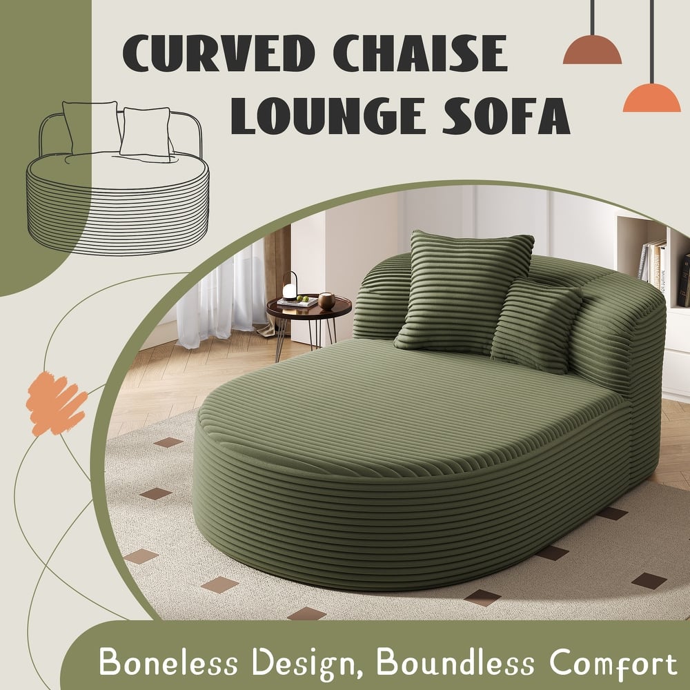 Curved Chaise Lounge Sofa with 2 Pillows, Corduroy Upholstered Sofa Bed Extra-deep Seat Single Sofa Recliners Boneless Couch