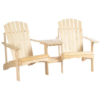 Outsunny Wooden Adirondack Chair For Two, Outdoor Fire Pit Chair Set With Table & Umbrella Hole