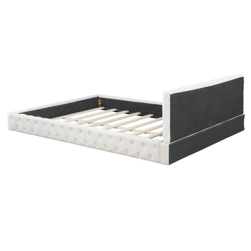 HomeRoots Beige Tufted Velvet Upholstered Queen Bed Frame