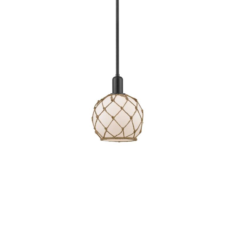 Innovations Lighting 716-1S-11-8 Farmhouse Rope Pendant Farmhouse Rope - Matte Black / White Glass with Brown Rope