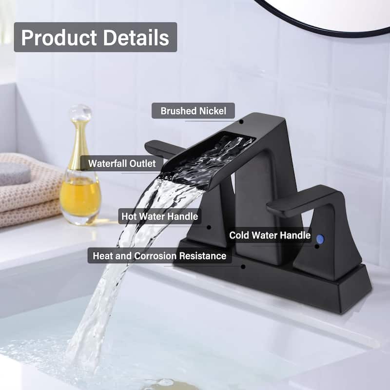 2 Handle Bathroom Sink Faucet with Waterfall Spout and Ceramic Drip Proof Cartridge, Adjust Water Volume and Temperature