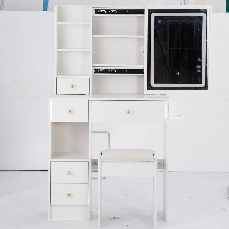 29.2" Small Size Left Drawer Desktop Vanity Table + Cushioned Stool, 2 AC+2 USB Power Station, Hair dryer bracket