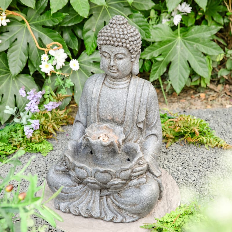 Glitzhome 23.25"H LED Lighted Buddha Statue Polyresin Outdoor Floor Fountain - 23.25"