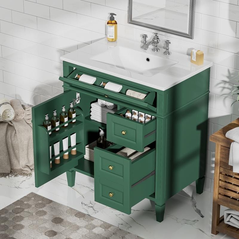 30''Bathroom Vanity with Top Sink, Modern Bathroom Storage Cabinet with 2 Drawers and a Tip-out Drawer