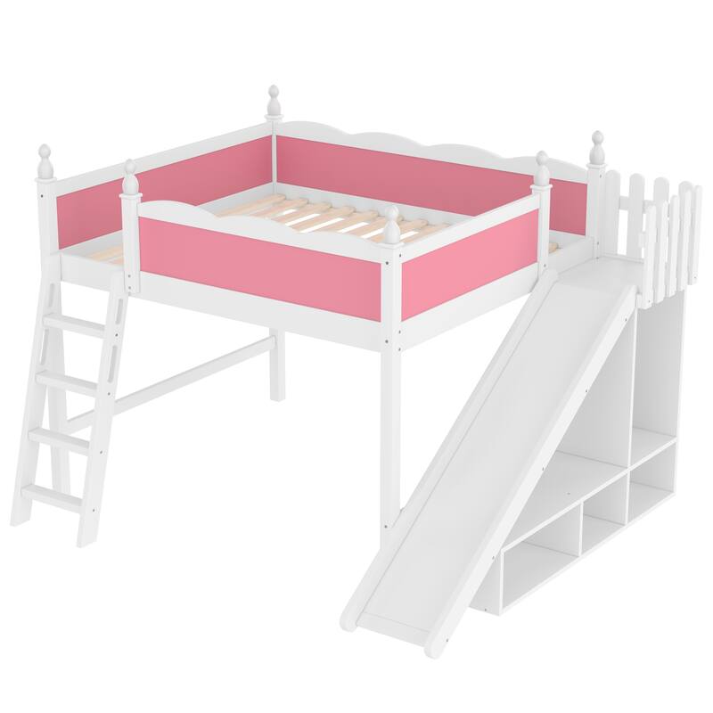 Queen Loft Bed with Storage Shelves and Cabinet, Solid Wood Loft Beds with Detachable Slide and Ladders, No Spring Box Needed