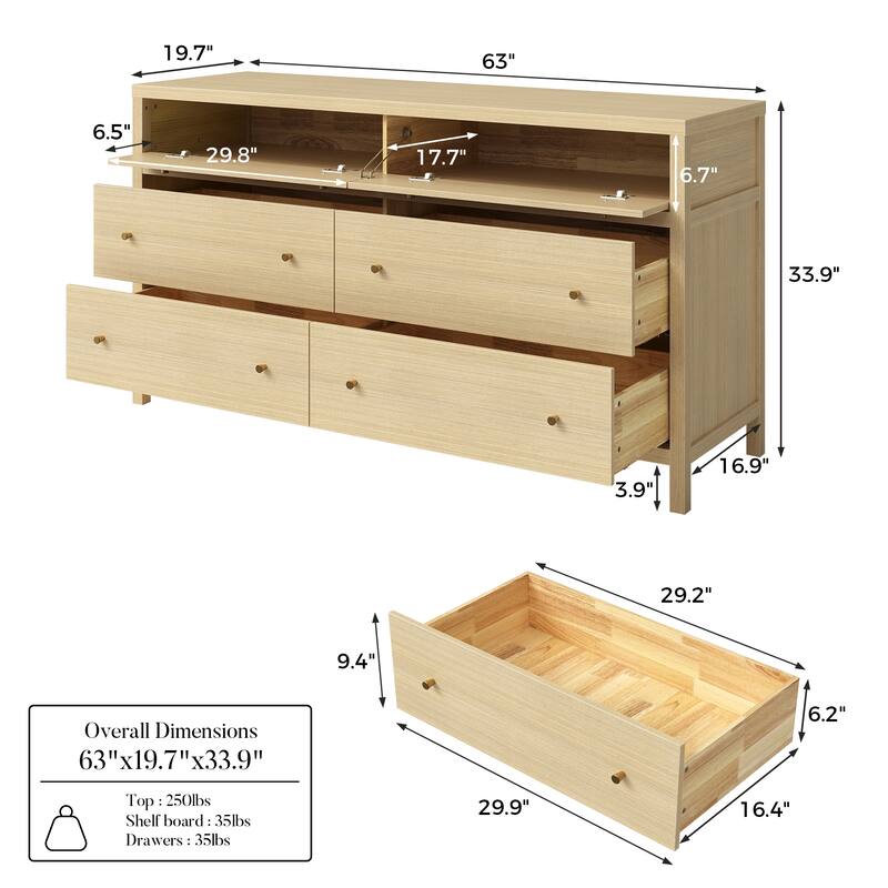 63” Solid Wood 6 Drawer Dresser – Semi-Assembled Modern Farmhouse Wide Chest with Soft-Close Undermount Slides