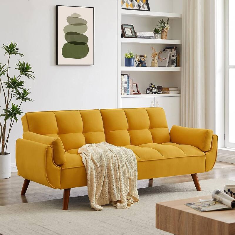 Futon bed Velvet Sofa, Adjustable Backrest Convertible Sleeper Futon Loveseat with Tapered Wood Legs for Living Room, Bedroom