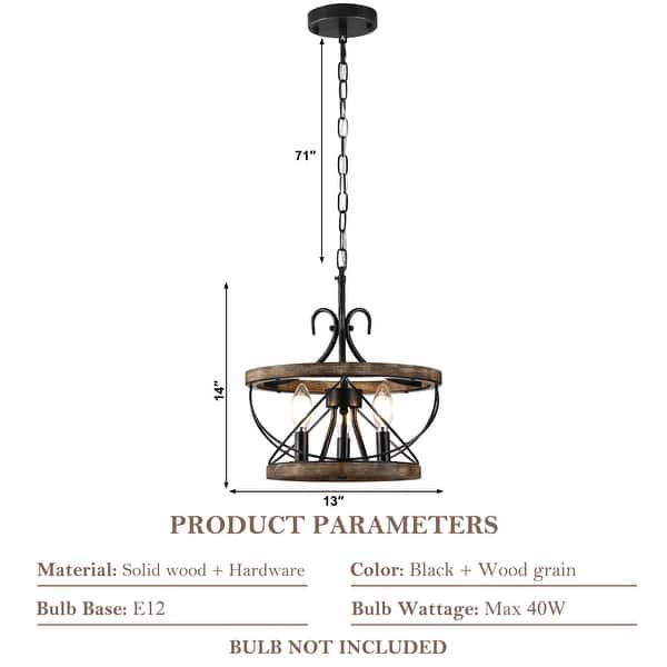 dimension image slide 0 of 3, Chichoice 5 - Light Drum Chandelier Farmhouse Solid Wood Chandelier, Height Adjustable Pendant Light for Kitchen Island