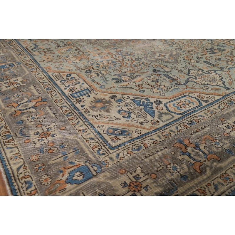 Green Geometric Tabriz Persian Area Rug Hand-Knotted Wool Carpet - 6'6"x 9'7"