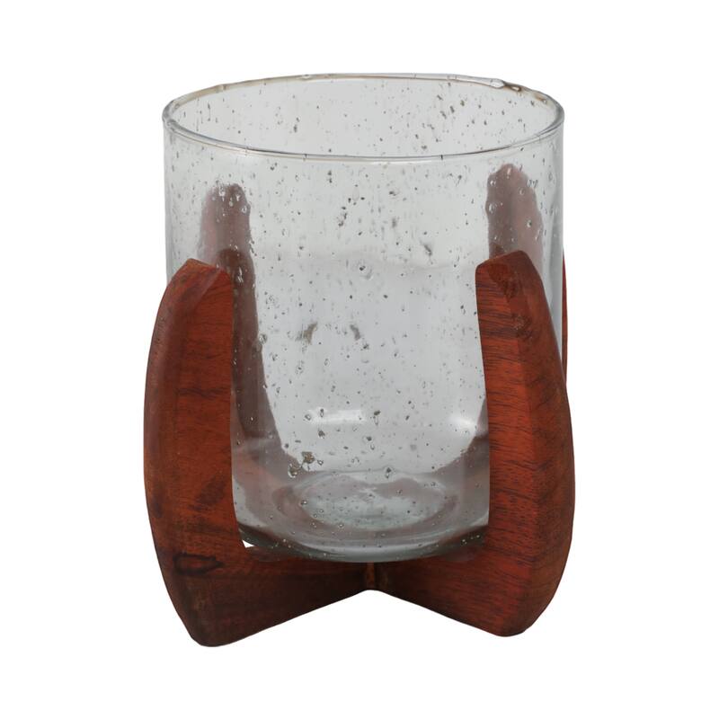 Glass Votive Candle Holder Wood Base - Brown/Clear, 7 in.