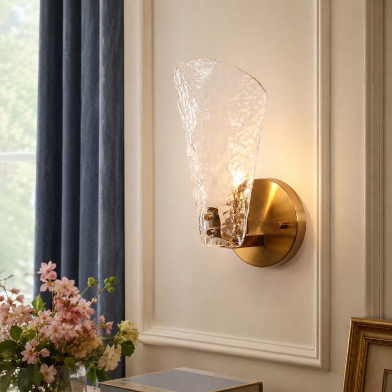 Fenro Modern Luxury Wall Sconce Water-Ripple Glass Vintage Vanity Bathroom Light - Electroplated Gold - L4.7"*W5.9"*H10.6"