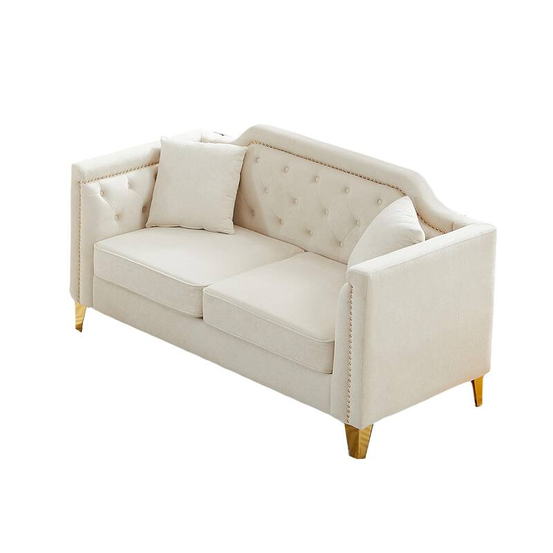 Mid-century Chenille Pull Buckle Sofa, Buttons Tufted With Copper Nail and Metal Leg