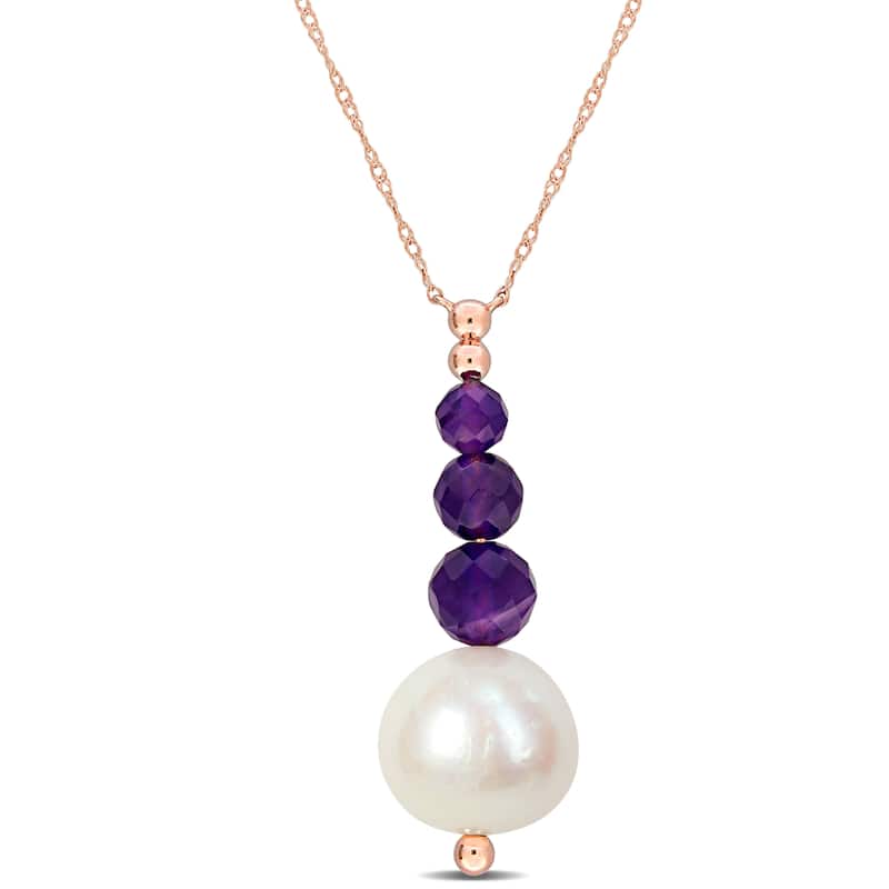 Miadora 10.5-11mm Cultured Freshwater Pearl 1 7/8ct Amethyst Bead Necklace 10k Rose Gold - 17 in