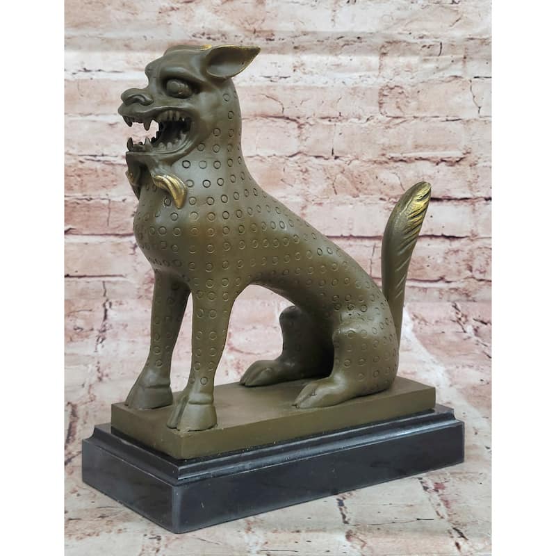 Asian Food Imitative Dog Imitative Lion Guardian Beast Bronze Sculpture On Marble Base