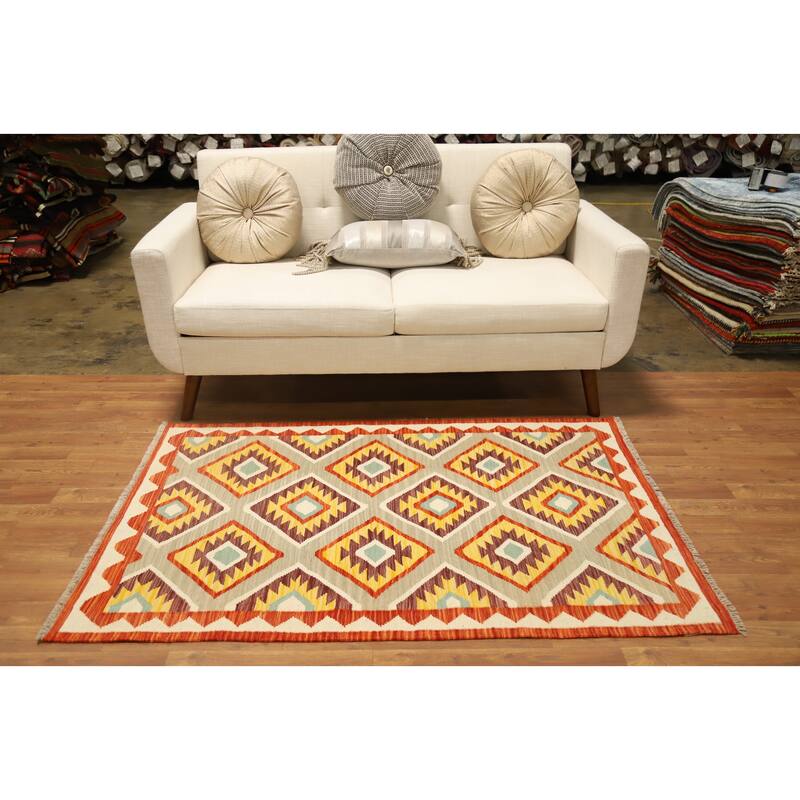Hand Woven Oriental 100% Wool Carpet Southwestern Geometric Multi-Colored Kilim Area Rug - 5' 1'' X 3' 5''