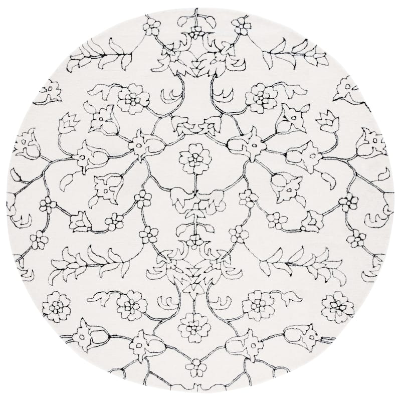 SAFAVIEH Handmade Fifth Avenue Timmie Floral New Zealand Wool - 7' x 7' Round - Ivory/Black