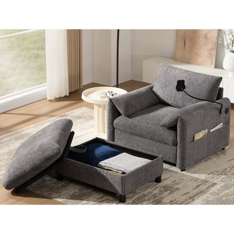Roomfitters 37" Single Sofa with Storage Ottoman, Chenille Armchair with Phone Holder and Charging Ports, Lounge Chair