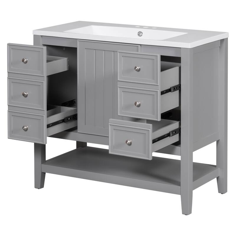 Freestanding 36" Bathroom Vanity Cabinet with Ceramic Sink & Open Storage Shelf