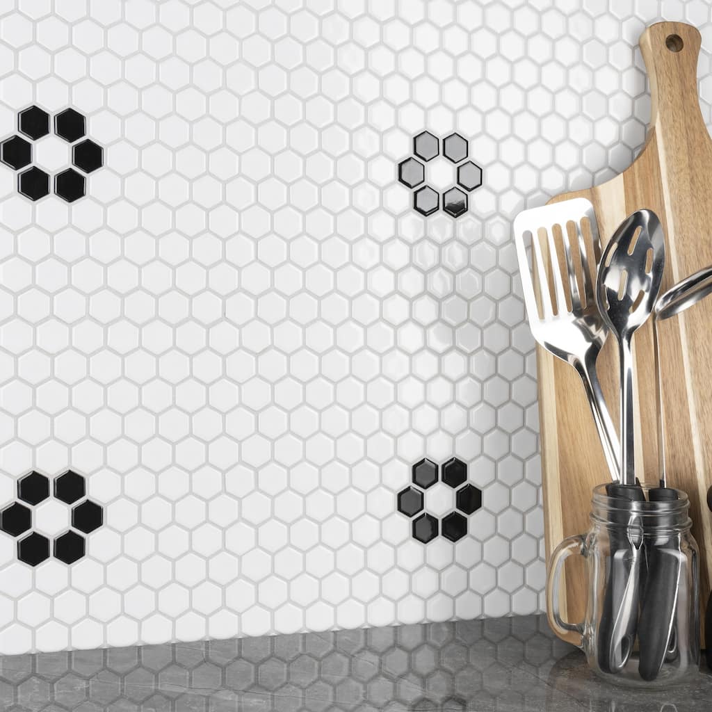 Merola Tile Metro 1" Hex Glossy White w/Single Flower 10-1/4" x 11-7/8" Porcelain Floor and Wall Tile
