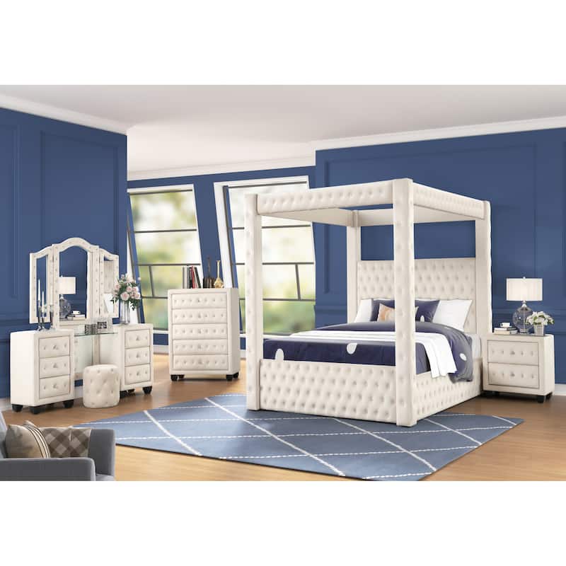Monica Modern Style Crystal Tufted 4PC/5PC Vanity Bedroom Set Made with Wood - Cream - Full - 5 Piece