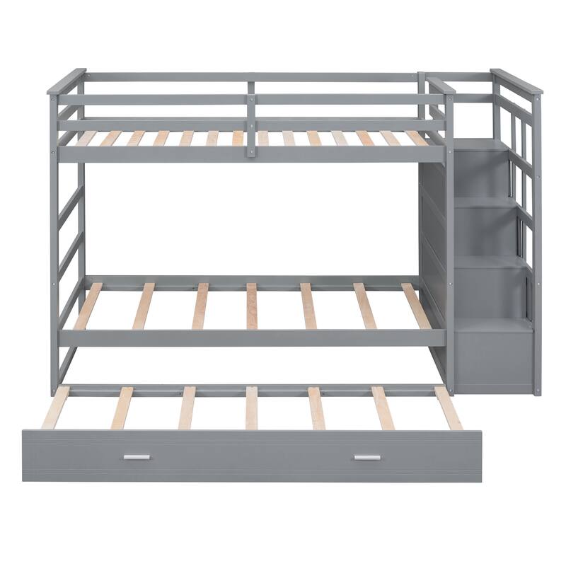 Twin Over Twin Bunk Bed with Trundle and Staircase, Gray