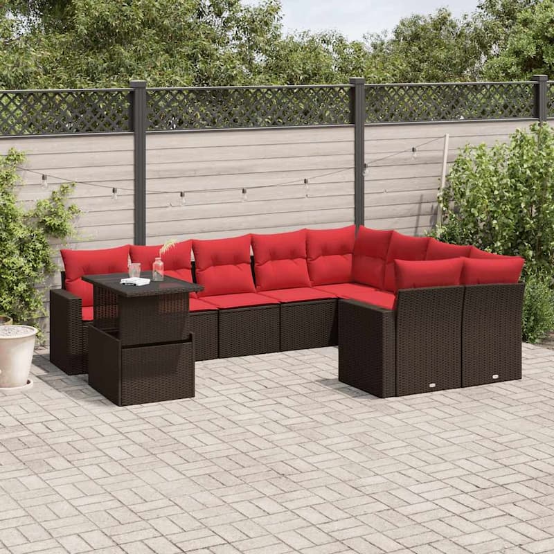 vidaXL Patio Sofa Set with Cushions and Table Outdoor 10 Piece Poly Rattan - 24.4 x 24.4 x 27.2 - Brown