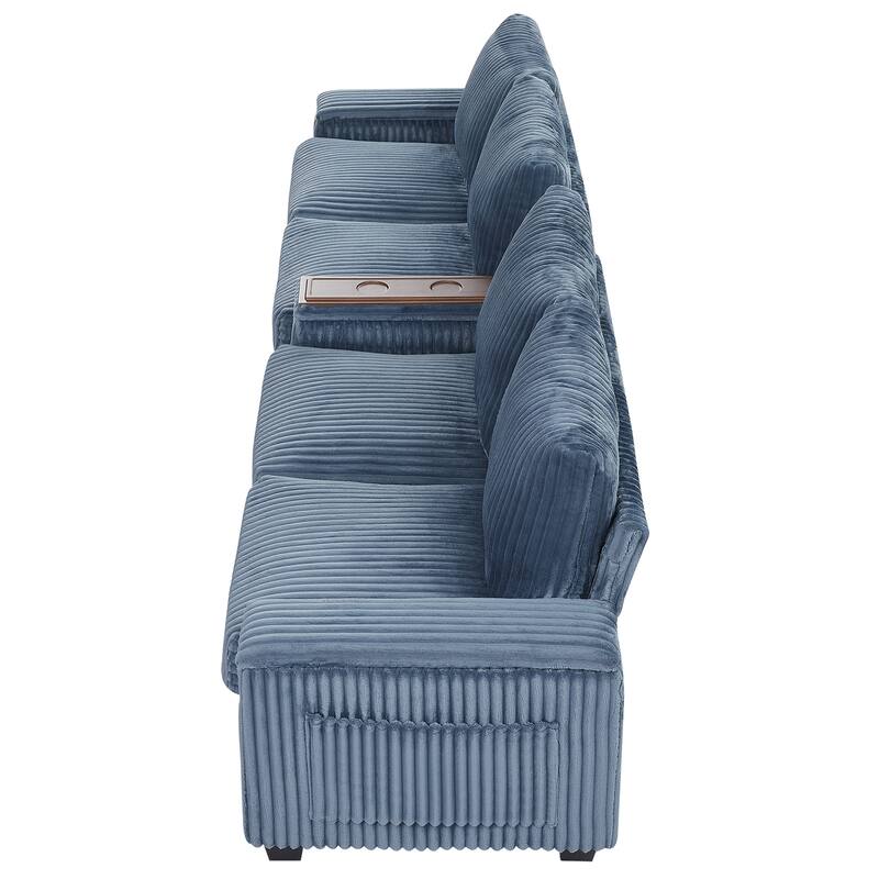 133-In Corduroy Sectional Sofa with USB Ports, Hidden Storage Arms, Flip-Top Cup Holders