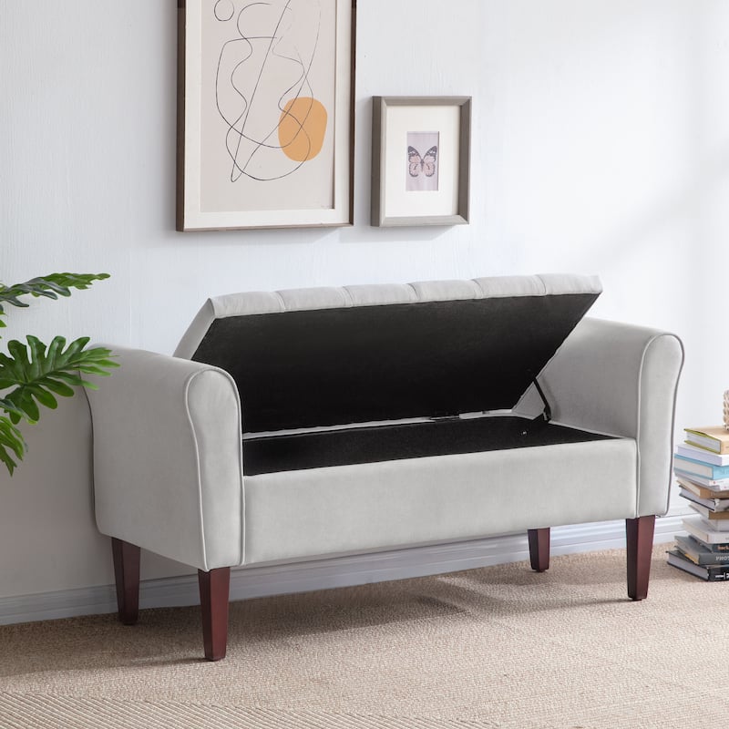 Arm Fabric Storage Ottoman Bench with Solid Wood Legs, 48"W x 18"D x 23"H